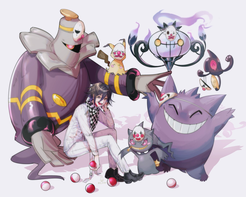 1boy :d ^_^ ahoge banette bangs black_footwear black_hair blush_stickers chandelure checkered checkered_scarf cheek_rest closed_eyes clown_mask colored_sclera commentary cosplay crossover danganronpa_(series) danganronpa_v3:_killing_harmony dice_members_(danganronpa) dice_members_(danganronpa)_(cosplay) dusknoir fire food gen_1_pokemon gen_3_pokemon gen_4_pokemon gen_5_pokemon gen_7_pokemon gengar gloves grin hair_between_eyes highres holding holding_mask holding_poke_ball jacket long_sleeves looking_at_viewer male_focus mask mimikyu open_mouth ouma_kokichi pants poke_ball poke_ball_(basic) pokemon pokemon_(creature) ps_872dg purple_hair purple_sclera red_eyes red_sclera scarf shiny shiny_hair shoes simple_background sitting smile standing teeth white_jacket white_pants yamask