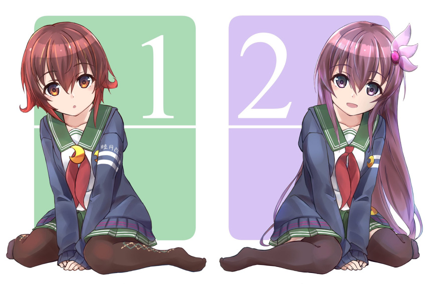 2girls argyle argyle_legwear brown_hair brown_legwear character_name collarbone crescent crescent_pin eyebrows_visible_through_hair full_body gradient_hair green_sailor_collar green_skirt hair_between_eyes highres jacket kantai_collection kisaragi_(kantai_collection) long_hair looking_at_viewer minosu multicolored_hair multiple_girls mutsuki_(kantai_collection) neckerchief pantyhose pleated_skirt purple_eyes purple_hair red_hair red_neckwear remodel_(kantai_collection) sailor_collar school_uniform serafuku short_hair sidelocks sitting skirt smile thighhighs wariza