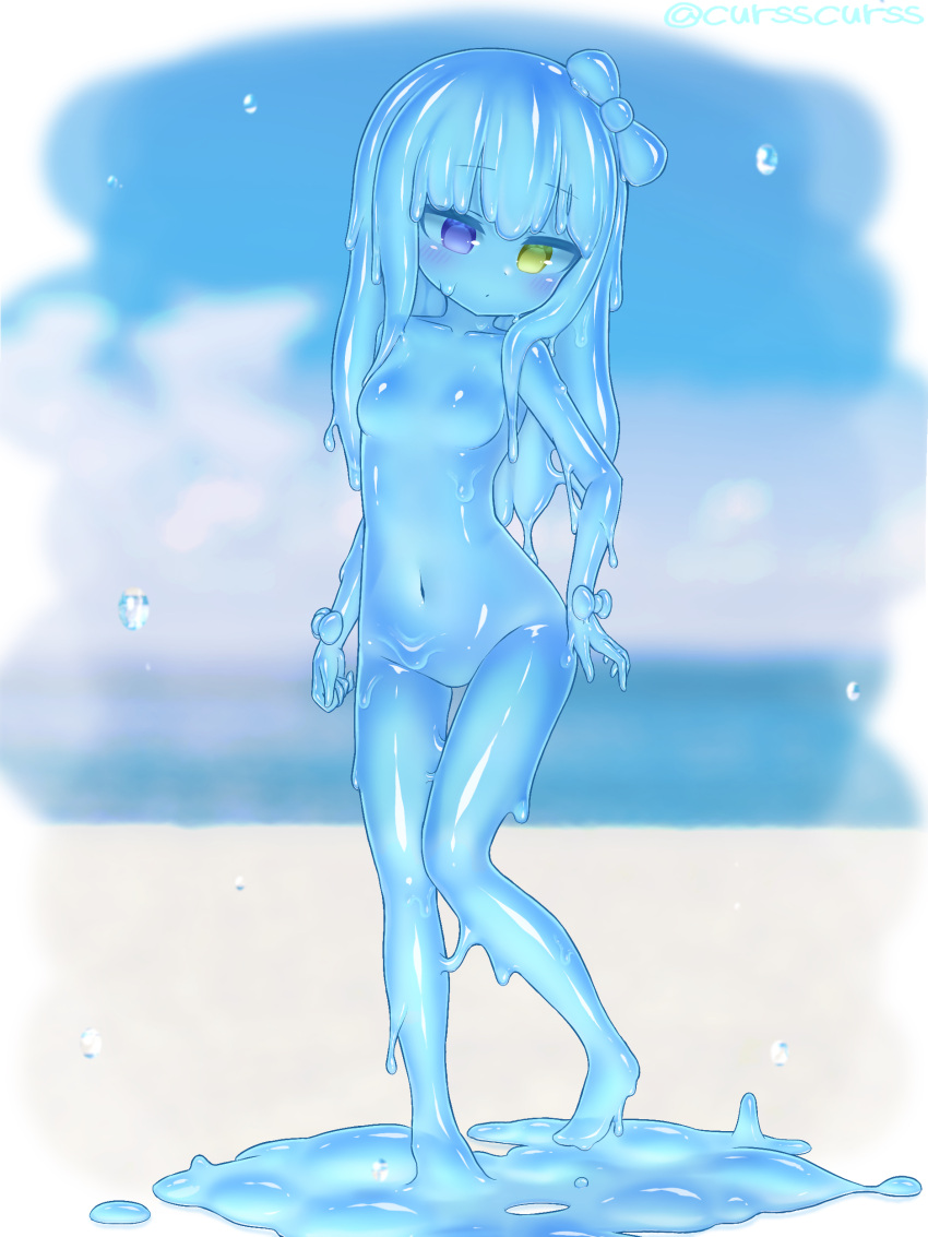 1girl absurdres barefoot blue_hair blue_sclera blue_skin blurry blurry_background blush bow breasts closed_mouth colored_sclera colored_skin completely_nude contrapposto curss depth_of_field dot_mouth dot_nose full_body green_eyes hair_bow head_tilt heterochromia highres long_hair monster_girl navel no_nipples nude original purple_eyes slime_girl small_breasts solo standing thigh_gap wrist_bow