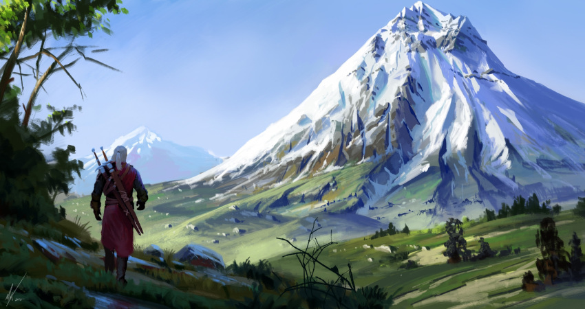 1boy belt blue_sky boots brown_belt coat dated day drawing english_commentary geralt_of_rivia gloves grass highres long_hair long_sleeves male_focus michal_kus mountain outdoors over_shoulder ponytail red_coat scenery shadow signature sky snow solo sword sword_behind_back the_witcher tree walking weapon weapon_on_back weapon_over_shoulder white_hair wide_shot