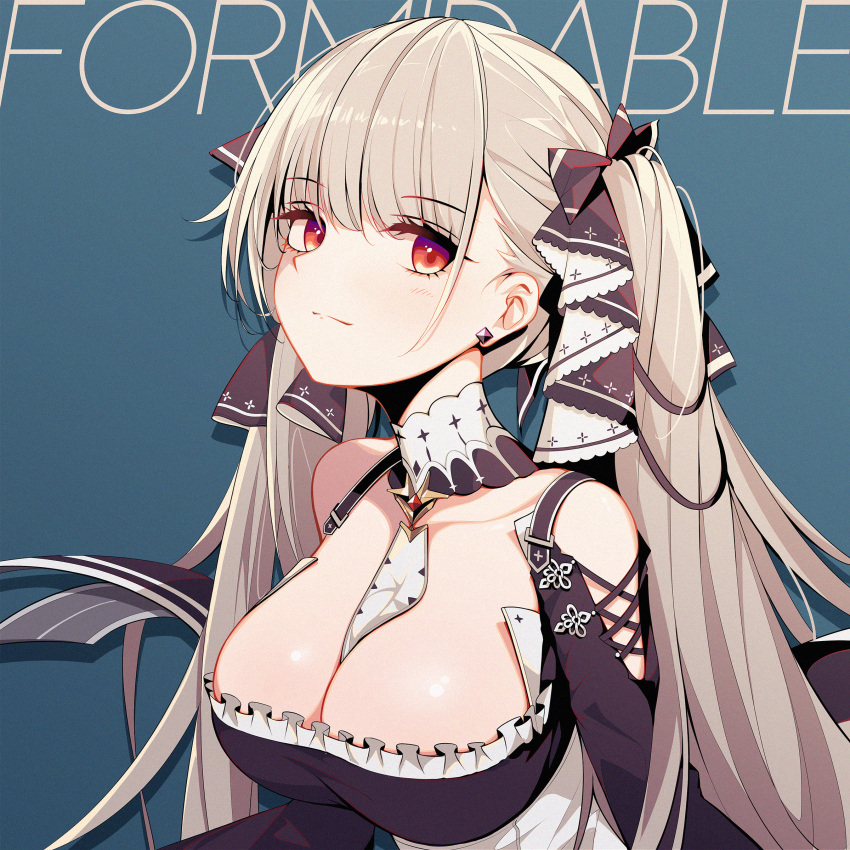 1girl absurdres azur_lane blue_background blush breasts character_name cleavage collar colored_pencil_(medium) dress earrings formidable_(azur_lane) frills hair_ribbon highres jewelry large_breasts light_smile long_hair marker_(medium) millipen_(medium) neckwear_between_breasts platinum_blonde_hair rabe26k red_eyes ribbon solo traditional_media twintails two-tone_dress two-tone_ribbon very_long_hair