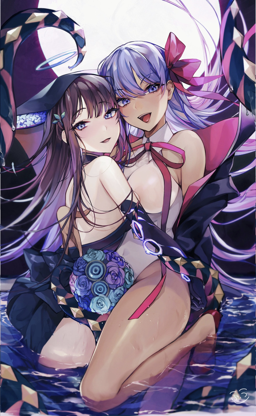 2girls ass back bangs bare_shoulders bb_(fate)_(all) bb_(swimsuit_mooncancer)_(fate) black_coat black_dress black_gloves black_headwear blue_eyes blunt_bangs blush breasts center_opening coat dark_skin dress elbow_gloves fate/grand_order fate_(series) gloves hair_ribbon highleg highleg_leotard highres large_breasts leotard long_hair looking_at_viewer mishasimarina0130 multiple_girls neck_ribbon open_clothes open_coat open_mouth popped_collar purple_eyes purple_hair red_ribbon ribbon smile tan tentacles thighs very_long_hair water white_gloves white_leotard yang_guifei_(fate)