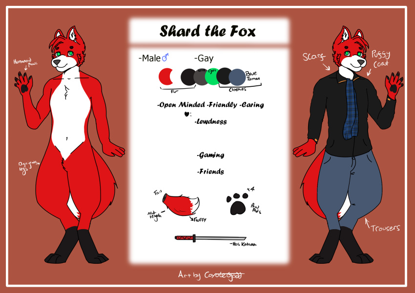 anthro belly black_feet border bottomwear canid canine clothing coat digitigrade english_text featureless_crotch fox fur green_eyes grey_nose hi_res katana male mammal melee_weapon model_sheet nude orange_border pants red_body red_fur red_tail scarf stated_homosexuality stated_sexuality sword text topwear weapon white_belly white_inner_ear white_muzzle white_tail_tip