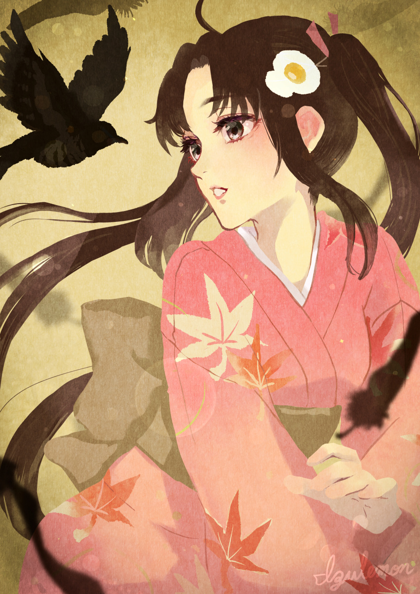 1girl absurdres ahoge araragi_tsukihi back_bow bird black_feathers blurry_foreground bow brown_eyes brown_hair floating_hair grey_bow hair_ribbon highres huge_filesize japanese_clothes kimono leaf_print lens_flare long_hair maromaink monogatari_(series) nisemonogatari obi open_mouth pink_kimono pink_lips pink_ribbon print_kimono ribbon sash signature solo twintails very_long_hair yukata