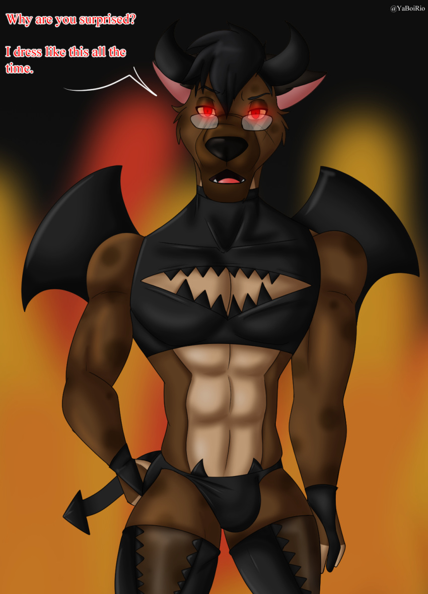 anthro brown_body brown_fur bulge clothed clothing costume digital_media_(artwork) eyewear fake_horns fake_tail fake_wings fire fur glasses gloves glowing glowing_eyes hair handwear hi_res hyaenid klr-rio legwear looking_at_viewer male mammal radi_(klr-rio) scar simple_background skimpy solo spots spotted_body spotted_fur spotted_hyena text tongue translucent translucent_clothing underwear