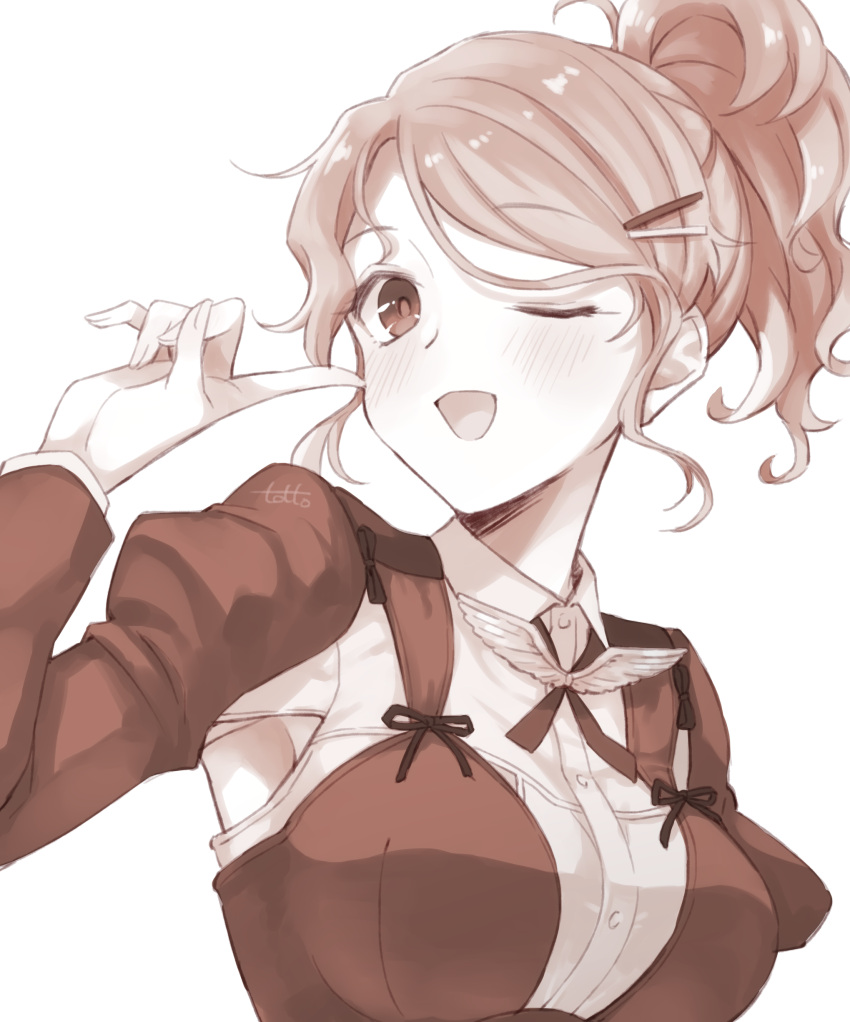 1girl absurdres aquila_(kantai_collection) artist_name blush breasts collared_shirt eyebrows_visible_through_hair hair_ornament hairclip high_ponytail highres jacket juliet_sleeves kantai_collection large_breasts long_hair long_sleeves monochrome one_eye_closed open_mouth puffy_sleeves shirt signature simple_background smile solo totto_(naka) upper_body white_background