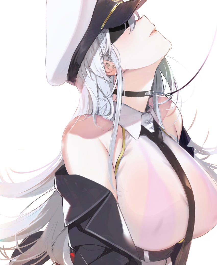 1girl absurdres azur_lane bangs bikini bikini_under_clothes black_jacket blindfold blush breasts collar enterprise_(azur_lane) hat highres jacket katsurai_yoshiaki large_breasts leash long_hair off_shoulder peaked_cap pink_bikini see-through shirt silver_hair simple_background sleeveless sleeveless_shirt swimsuit very_long_hair white_background white_shirt