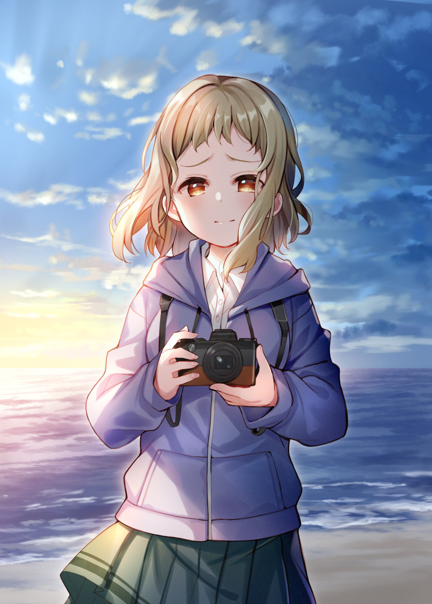 1girl absurdres brown_eyes brown_hair camera camera_around_neck closed_mouth cloud cloudy_sky collared_shirt drawstring dress_shirt forehead grey_skirt highres holding holding_camera hood hood_down hooded_jacket horizon jacket just_because! komiya_ena looking_at_viewer meito_(maze) ocean outdoors pleated_skirt purple_jacket shirt skirt sky smile solo sunset water white_shirt