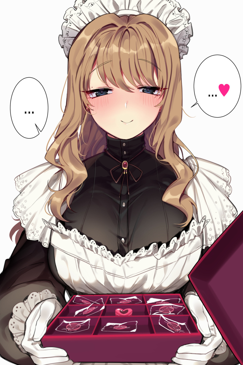 ... 1girl absurdres apron bangs black_dress blue_eyes blush breasts brown_hair closed_mouth condom_wrapper dress eyebrows_visible_through_hair gift gloves heart highres holding holding_gift large_breasts long_hair long_sleeves looking_at_viewer maid_apron maid_headdress mendou_kusai original ribbon simple_background smile solo speech_bubble spoken_ellipsis spoken_heart striped striped_ribbon upper_body valentine white_background white_gloves