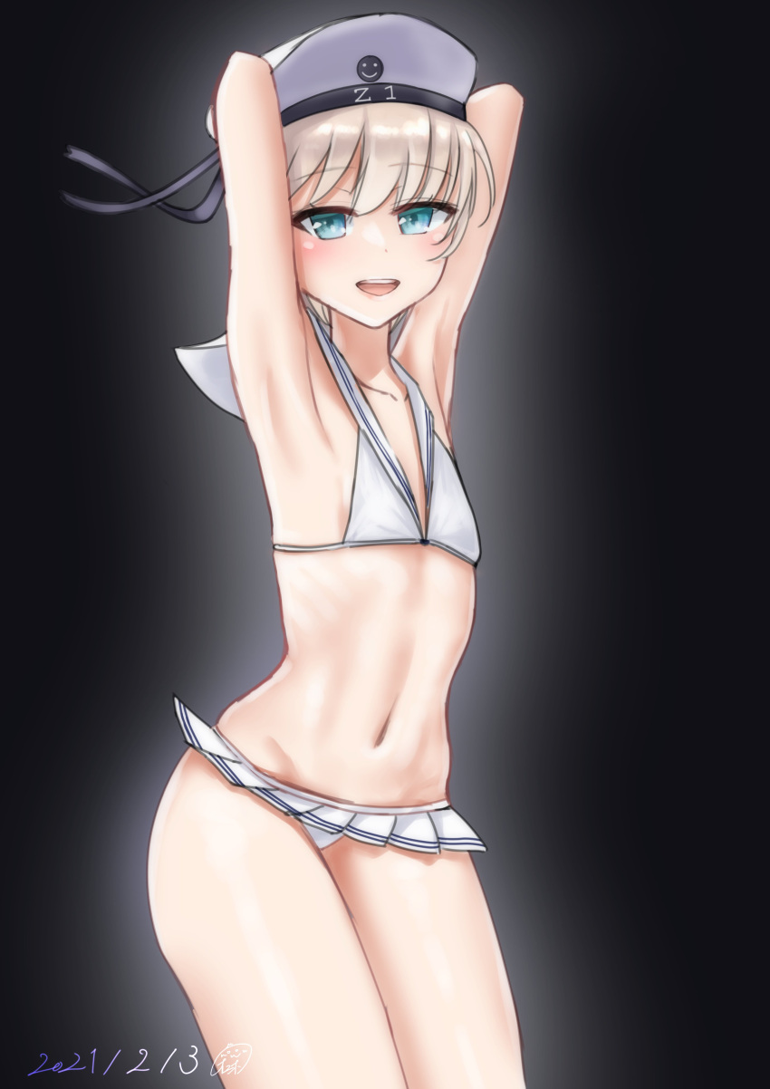 1girl absurdres armpits arms_behind_head bangs bikini bikini_skirt black_background blue_eyes clothes_writing commentary_request cowboy_shot dated eyebrows_visible_through_hair flat_chest frilled_bikini frills gradient gradient_background hat highres kantai_collection looking_at_viewer microskirt navel onion_(kumagaioyr) pleated_skirt sailor_bikini sailor_collar sailor_hat short_hair silver_hair skirt smile solo swimsuit white_bikini white_skirt z1_leberecht_maass_(kantai_collection)