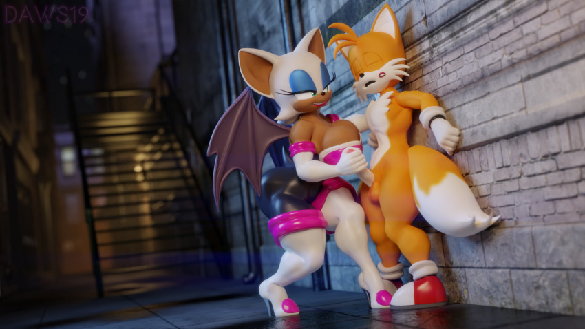 16:9 2_tails 3d_(artwork) against_wall alley anthro balls big_breasts boots breasts canid canine chiropteran cleavage clothed clothed/nude clothed_female_nude_male clothing daws19 digital_media_(artwork) duo eyes_closed female footwear fox genitals handjob hi_res high_heeled_boots high_heels kiss_mark legwear male male/female mammal miles_prower mostly_nude multi_tail nude penile penis rouge_the_bat sex shoes sonic_the_hedgehog_(series) thigh_boots thigh_highs widescreen wings