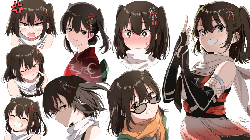 1girl anger_vein bangs black_gloves blush brown_eyes brown_hair closed_eyes closed_mouth cropped_torso eyebrows_visible_through_hair fingerless_gloves frills gloves grin hair_between_eyes hair_ornament highres japanese_clothes kantai_collection kimono laco_soregashi multiple_views nose_blush obi one_eye_closed orange_scrunchie remodel_(kantai_collection) sash scarf scrunchie sendai_(kantai_collection) sidelocks simple_background sleeveless smile sunglasses sweat tied_hair twitter_username two_side_up upper_body white_background white_scarf