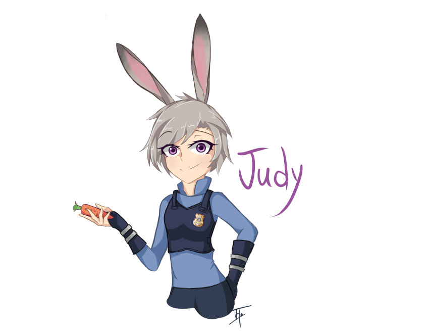 2016 absurd_res alternate_species animal_humanoid anthro blue_clothing carrot_pen clothed clothing disney female grey_hair hair hi_res humanoid humanoidized johnyho judy_hopps lagomorph lagomorph_humanoid leporid leporid_humanoid looking_at_viewer mammal mammal_humanoid police_badge police_uniform purple_eyes rabbit rabbit_humanoid simple_background smiling_at_viewer solo topwear uniform vest watermark white_background zootopia