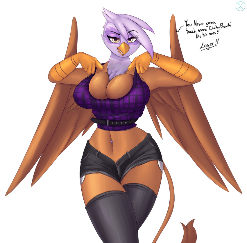 anthro anthrofied avian big_breasts bottomwear breasts cleavage clothed clothing female friendship_is_magic gilda_(mlp) gryphon hasbro hi_res my_little_pony mythological_avian mythology nexcoyotlgt shorts solo wide_hips