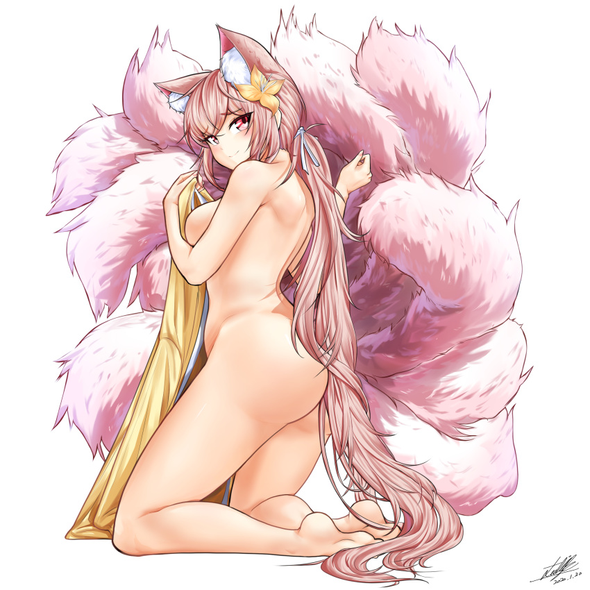 1girl animal_ear_fluff animal_ears ass blush breasts dated extra_ears eyebrows_visible_through_hair feet flower fox_ears fox_girl fox_tail from_behind full_body hair_flower hair_ornament highres kyuubi last_origin long_hair looking_at_viewer looking_back multiple_tails nude pink_eyes pink_hair pinkmarine ponytail sideboob signature simple_background smile solo t-14_miho tail very_long_hair white_background