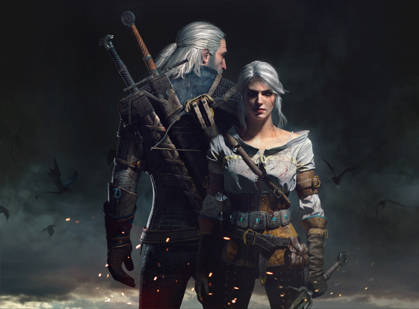 1boy 1girl absurdres armor back-to-back bartlomiej_gawel beard belt black_belt blood bloody_clothes bra_strap breasts brown_gloves buttons chainmail ciri closed_mouth cloud cloudy_sky collarbone collarless_shirt cowboy_shot crossbow dagger english_commentary facial_hair flying from_behind geralt_of_rivia gloves grey_sky highres holding holding_sword holding_weapon jacket jewelry leather leather_belt lips long_sleeves looking_at_viewer looking_to_the_side manly medium_hair monster official_art outdoors over_shoulder pants ponytail pouch render scar scar_across_eye serious shaded_face shirt silver_hair sky standing sword sword_behind_back the_witcher upper_body weapon weapon_on_back weapon_over_shoulder white_shirt