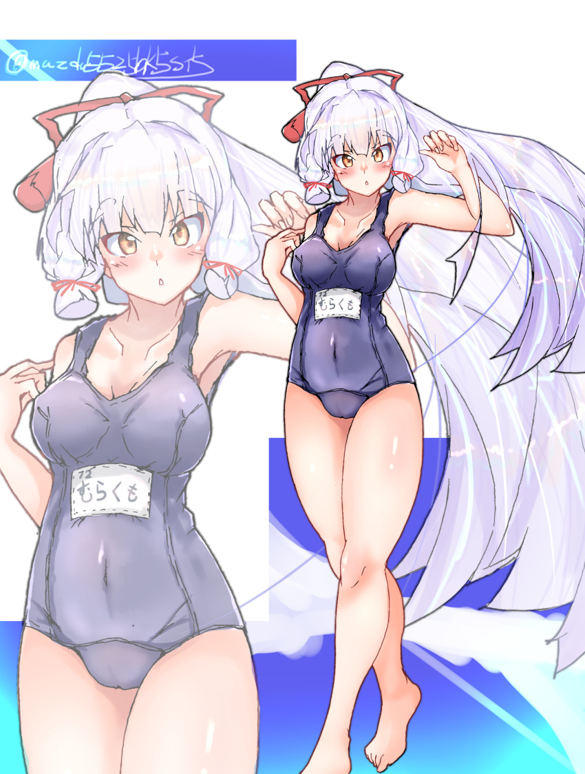 1girl absurdres alternate_costume alternate_hairstyle barefoot blue_swimsuit commentary_request full_body hair_ribbon highres kantai_collection long_hair look-alike looking_at_viewer murakumo_(kantai_collection) name_tag orange_eyes ponytail ribbon school_swimsuit shirayuki_bk5_st5 short_eyebrows sidelocks silver_hair solo swimsuit thighs tress_ribbon twitter_username zoom_layer