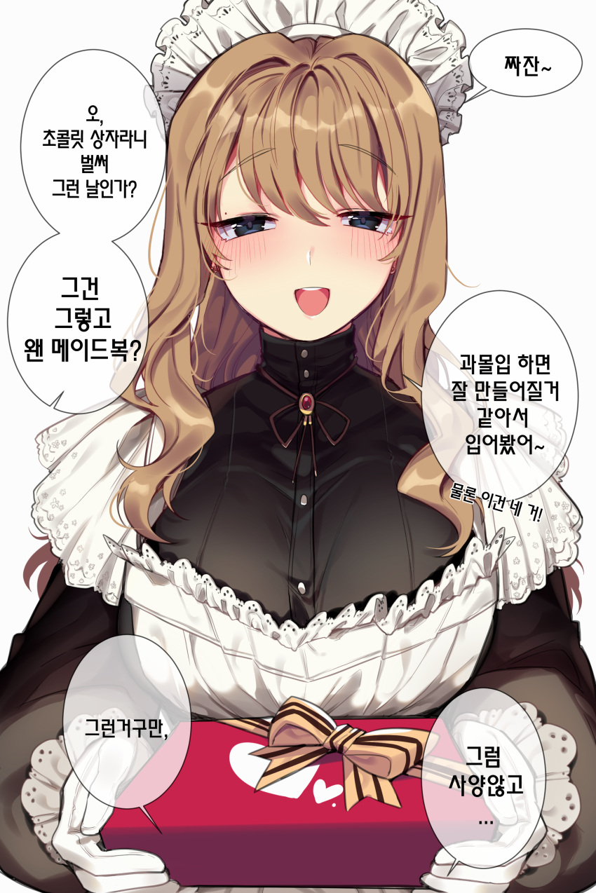 1girl absurdres apron bangs black_dress blue_eyes blush breasts brown_hair commentary_request dress eyebrows_visible_through_hair gift gloves heart highres holding holding_gift korean_commentary korean_text large_breasts long_hair long_sleeves looking_at_viewer maid_apron maid_headdress mendou_kusai open_mouth original ribbon simple_background solo speech_bubble striped striped_ribbon translation_request upper_body upper_teeth valentine white_background white_gloves