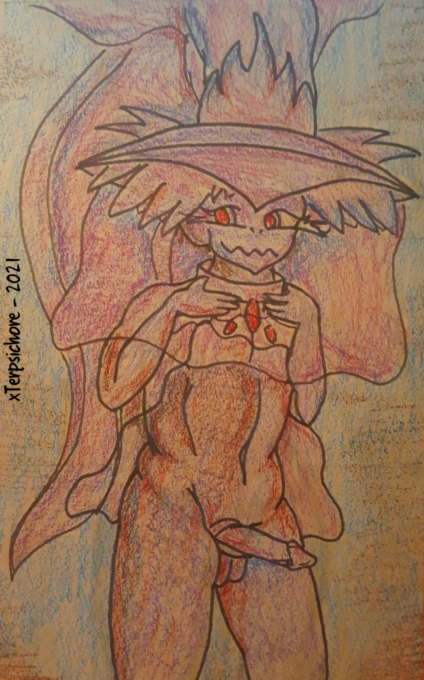 2021 absurd_res balls clothed clothing clothing_lift colored_pencil_(artwork) english_text genitals ghost girly graphite_(artwork) hat headgear headwear hi_res humanoid jewelry knot male marker_(artwork) mismagius mixed_media nintendo pencil_(artwork) penis pok&eacute;mon pok&eacute;mon_(species) red_eyes smile smirk solo solo_focus spirit standing text traditional_media_(artwork) video_games xterpsichore_(artist)