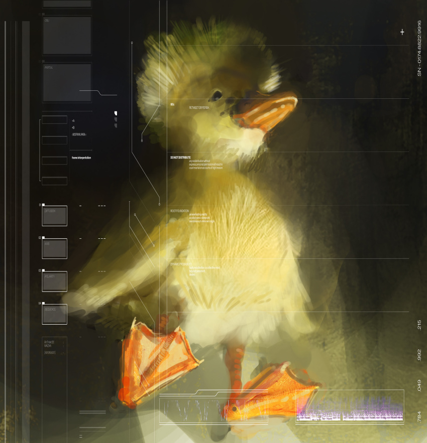 2021 absurd_res ambiguous_gender anatid anseriform avian beak bird black_background black_eyes cybernetics detailed digital_media_(artwork) digital_painting_(artwork) duck english_text feathers feral hi_res low-angle_view machine rythaze simple_background solo text upgrade yellow_body yellow_feathers