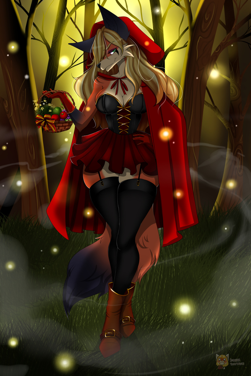 absurd_res anthro blonde_hair canid canine clothing female forest fox fur hair hi_res little_red_riding_hood_(copyright) mammal plant solo tree tutifruti_(artist)