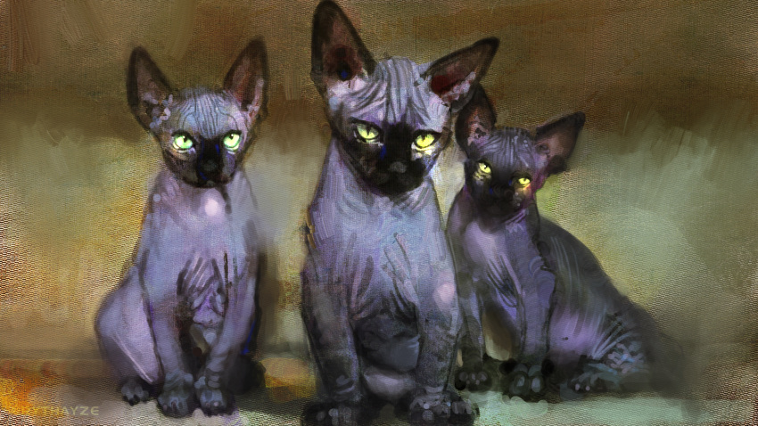 2021 ambiguous_gender black_body brown_background detailed devon_rex digital_media_(artwork) digital_painting_(artwork) domestic_cat felid feline felis feral grey_body group hairless hairless_cat hi_res looking_at_viewer mammal multicolored_body realistic rex_(cat) rythaze simple_background two_tone_body yellow_sclera