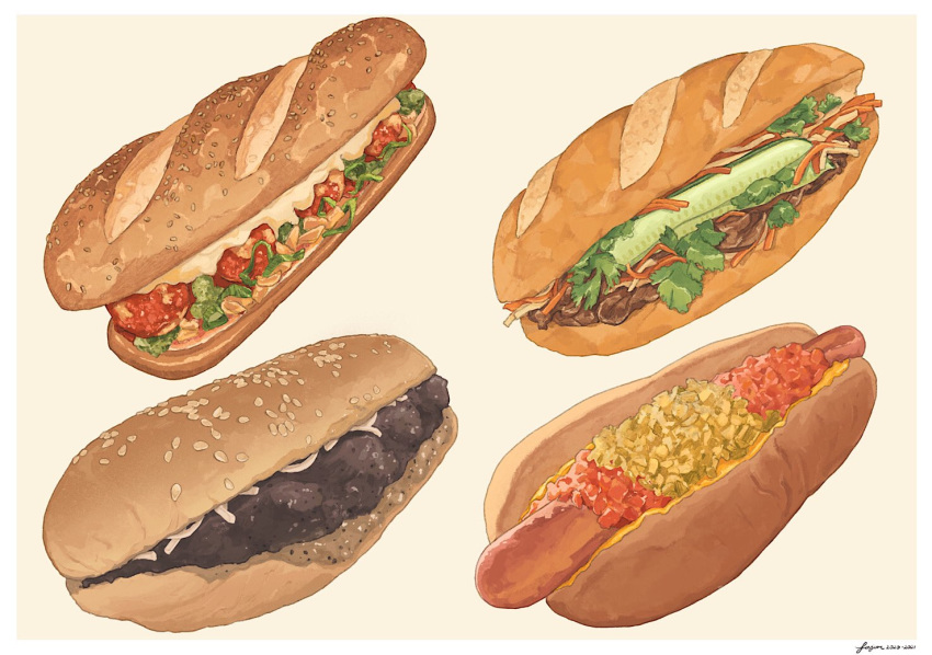 beige_background bread bread_bun carrot cucumber cucumber_slice fajar_kurniawan food food_focus hot_dog meat no_humans onion original pastry sandwich sauce sausage sesame_seeds signature simple_background still_life vegetable