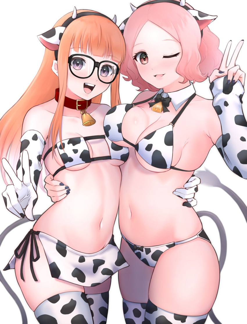 2girls animal_ears animal_print asymmetrical_docking bell bikini bikini_bottom bikini_top blush bra breast_press breasts cleavage cow_ears cow_horns cow_print cowbell elbow_gloves fingerless_gloves glasses gloves group_picture highres horns image_sample large_breasts loincloth long_hair looking_at_viewer matching_outfit multiple_girls okumura_haru one_eye_closed panties pelvic_curtain persona persona_5 reneph sakura_futaba sideboob small_breasts smile swimsuit thighhighs thighs twitter_sample underwear v