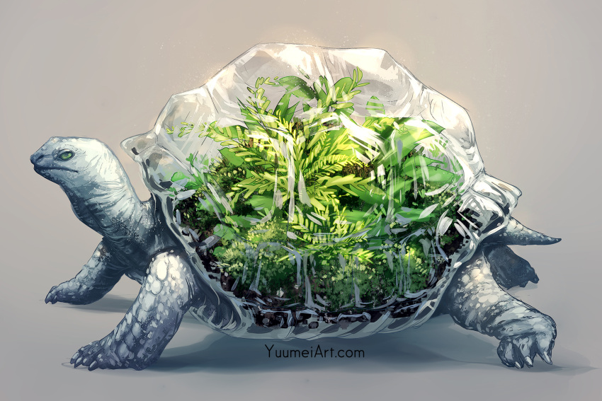animal_focus artist_name closed_mouth commentary english_commentary from_side glass glint gradient gradient_background green_eyes grey_background highres leaf no_humans nostrils original plant plant_request profile simple_background soil terrarium tortoise turtle watermark web_address wenqing_yan