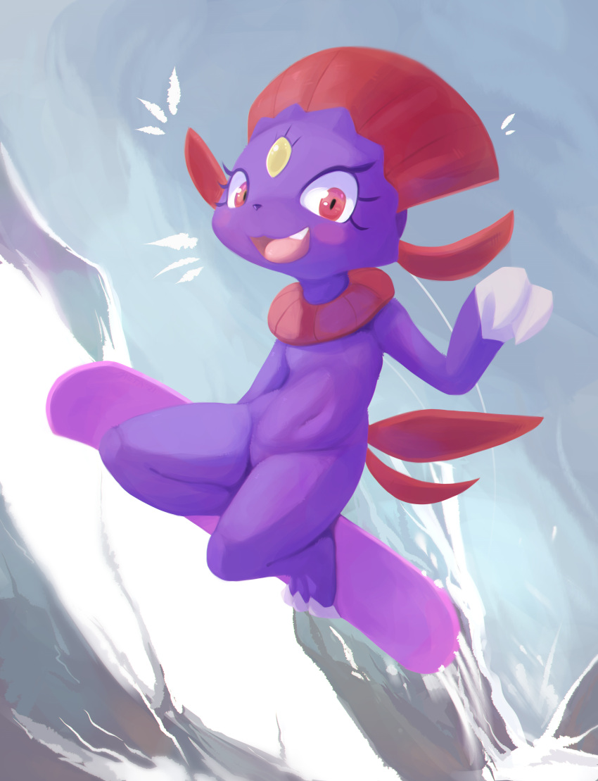 2021 absurd_res anthro blush detailed_background digital_media_(artwork) female fur hi_res looking_at_viewer metalisk nintendo outside pok&eacute;mon pok&eacute;mon_(species) purple_body purple_fur red_eyes smile snow snowboard snowboarding solo tongue video_games weavile