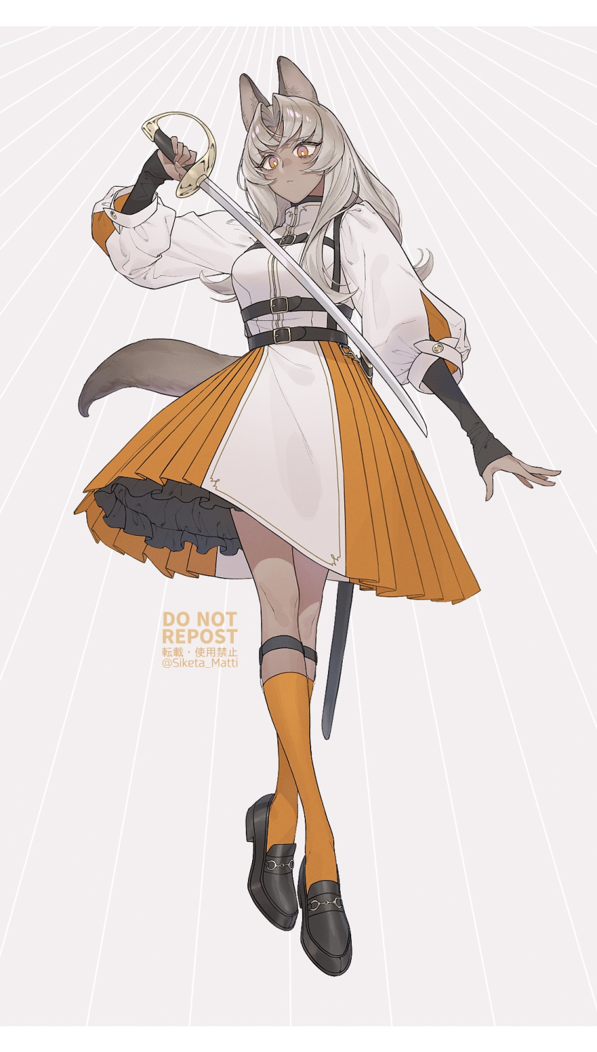 1girl animal_ears artist_name bangs belt black_belt black_footwear closed_mouth collar collared_dress dark_skin dark_skinned_female dress eyebrows_visible_through_hair full_body grey_background highres holding holding_sword holding_weapon kneehighs long_hair long_sleeves looking_at_viewer mizuki_mau orange_dress orange_eyes orange_legwear original parted_bangs platinum_blonde_hair saber_(weapon) sheath shoes simple_background solo sword tail translation_request twitter_username two-tone_dress weapon white_dress