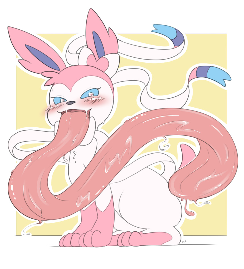 &lt;3 &lt;3_eyes ambiguous_gender blue_eyes blush bodily_fluids eeveelution fur hi_res hyper hyper_tongue long_tongue looking_at_viewer nintendo nude open_mouth pink_body pink_fur pok&eacute;mon pok&eacute;mon_(species) quadruped ribbons saliva simple_background sitting smile solo sylveon tongue tongue_out unknown_artist video_games white_body white_fur yellow_background