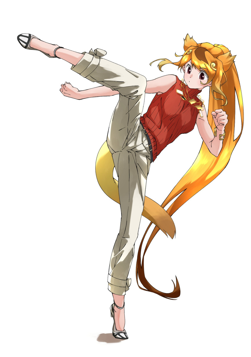 1girl absurdres alternate_costume animal_ears bare_shoulders blonde_hair bracelet brown_eyes capri_pants casual circlet commentary_request eyebrows_visible_through_hair full_body golden_snub-nosed_monkey_(kemono_friends) high_heels high_kick highres jewelry kemono_friends kemono_friends_3 kicking long_hair long_ponytail monkey_ears monkey_girl monkey_tail multicolored_hair necklace official_alternate_costume orange_hair pants ponytail red_sweater sleeveless solo sweater sweater_vest tail tanabe_(fueisei) turtleneck turtleneck_sweater white_pants