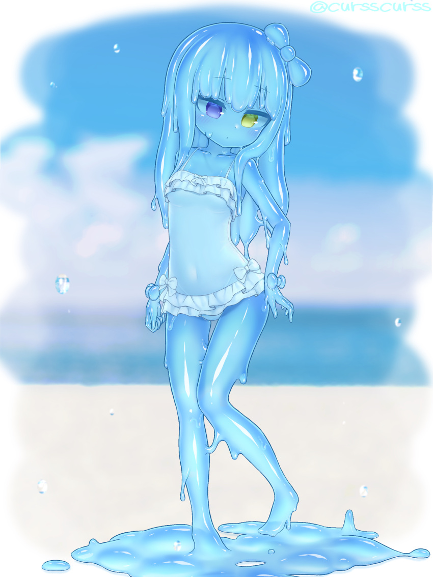 1girl absurdres barefoot blue_hair blue_sclera blue_skin blurry blurry_background blush bow breasts closed_mouth colored_sclera colored_skin contrapposto curss depth_of_field dot_mouth dot_nose frilled_swimsuit frills full_body green_eyes hair_bow head_tilt heterochromia highres long_hair monster_girl navel one-piece_swimsuit original purple_eyes slime_girl small_breasts solo standing swimsuit thigh_gap white_bow white_swimsuit wrist_bow