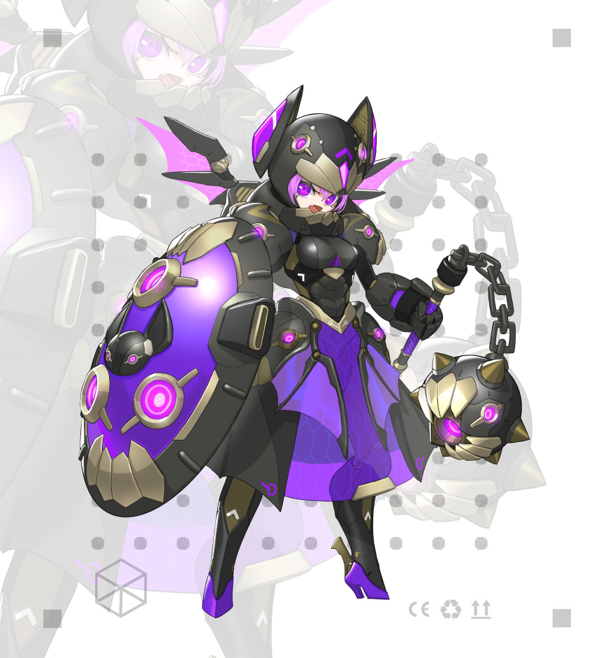 1girl absurdres armor armored_dress dress fang flail full_armor full_body helmet highres jinyu_lao_honglingjin left-handed looking_at_viewer mecha_musume mechanical_wings original purple_eyes purple_hair see-through shield shoulder_armor solo standing weapon white_background wings