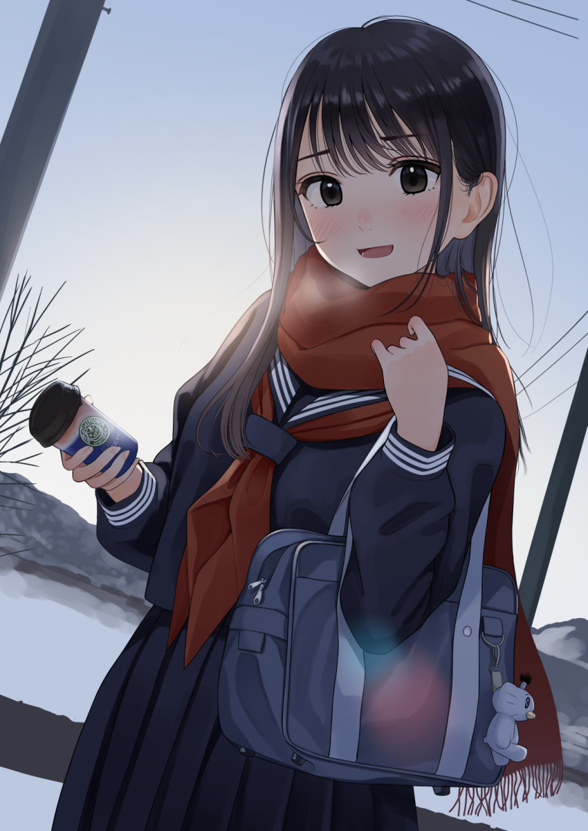 1girl :d bag bangs black_eyes black_hair black_skirt blush breath cup eyebrows_visible_through_hair highres holding holding_cup kentaurosu long_hair looking_at_viewer open_mouth original over_shoulder pleated_skirt power_lines red_scarf scarf school_bag school_uniform serafuku skirt smile snow solo standing