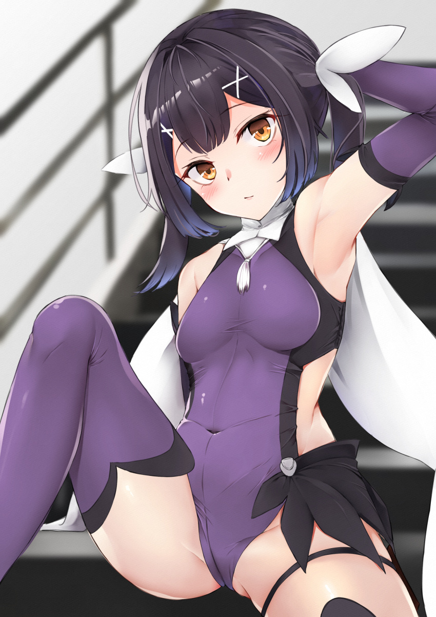 1girl arm_behind_back arm_up armpits bare_shoulders black_hair blurry blurry_background blush breasts brown_eyes closed_mouth commentary_request covered_navel depth_of_field elbow_gloves fate/kaleid_liner_prisma_illya fate_(series) feet_out_of_frame gloves hair_ornament hairclip highres indoors knee_up leotard long_hair looking_at_viewer miyu_edelfelt ponytail purple_gloves purple_legwear purple_leotard railing sashimi_nasu sitting sitting_on_stairs small_breasts solo stairs thighhighs x_hair_ornament