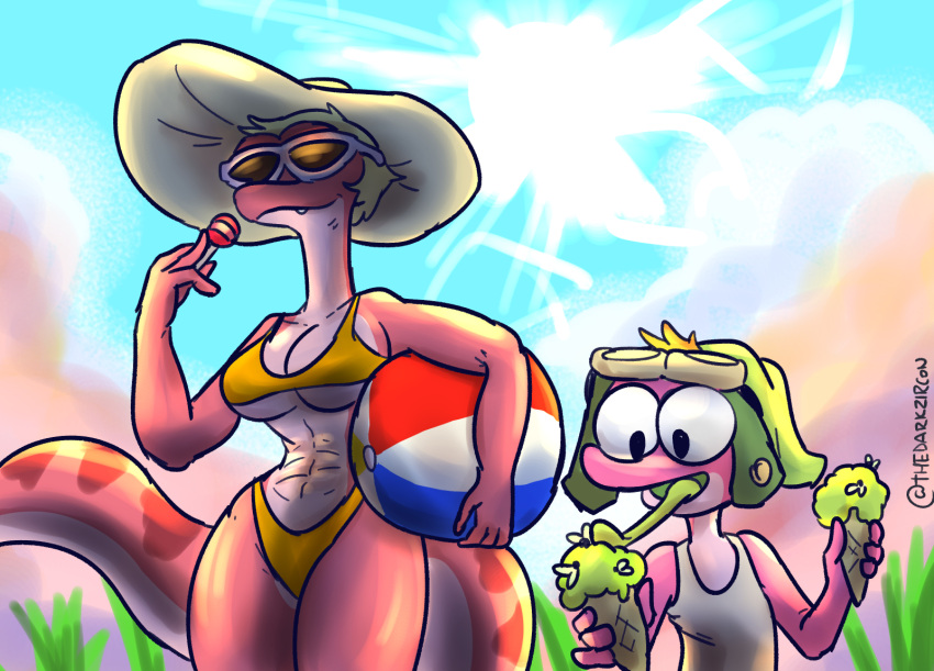 2021 abs amphibia_(series) amphibian anthro ball beach_ball bikini breasts clothing dessert disney duo eyewear female food frog hi_res ice_cream male newt non-mammal_breasts salamander_(amphibian) sprig_plantar summer sun sun_hat sunglasses swimwear thedarkzircon under_boob young yunnan