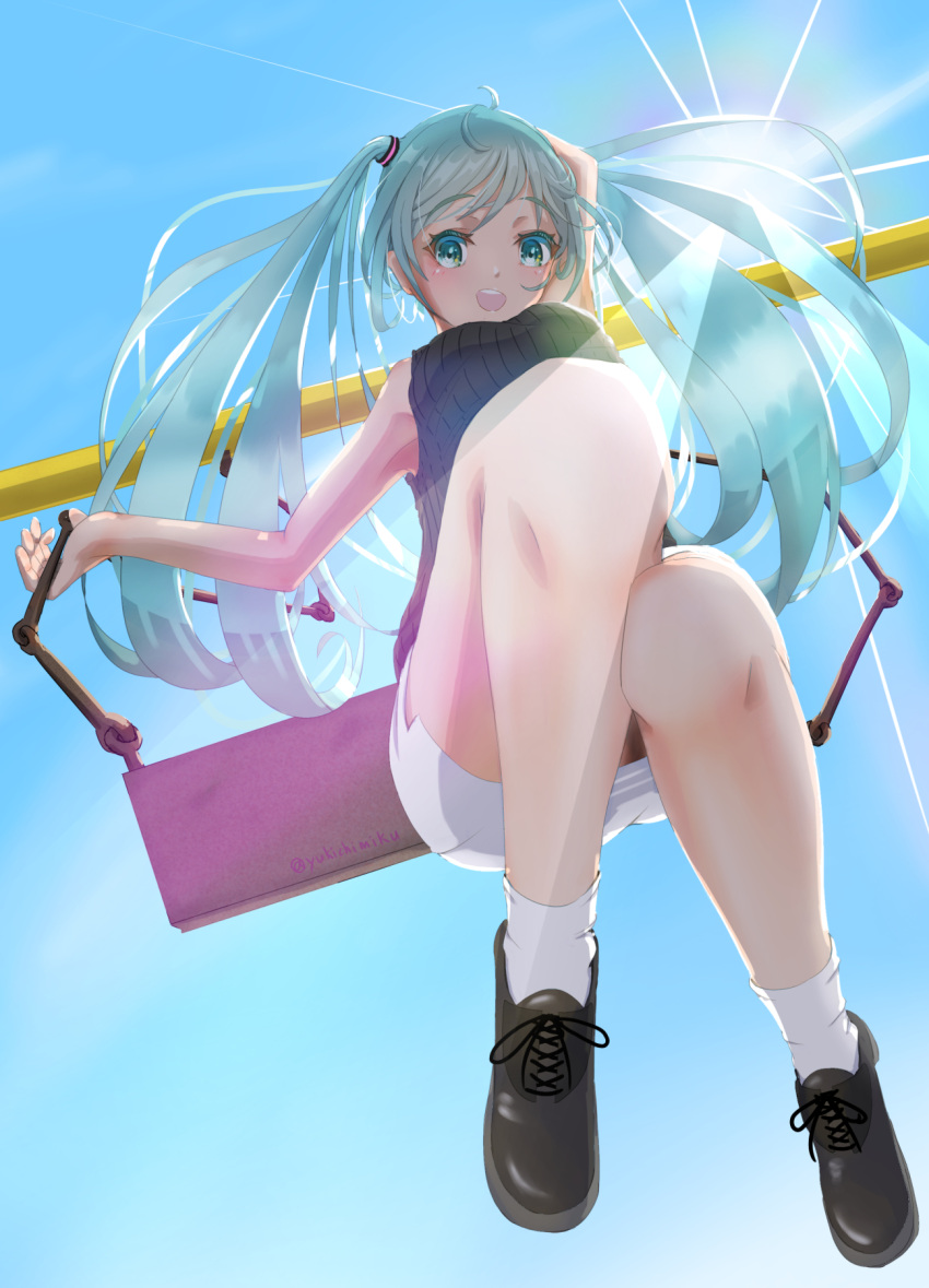 1girl :d ahoge aqua_eyes aqua_hair arm_up backlighting blush commentary_request from_below full_body hatsune_miku highres long_hair looking_at_viewer open_mouth outdoors pencil_skirt ribbed_sweater shoes signature skirt sky smile socks solo sunlight sweater swing swing_set transparent transparent_umbrella twintails twitter_username umbrella vocaloid white_legwear white_skirt yu-ame