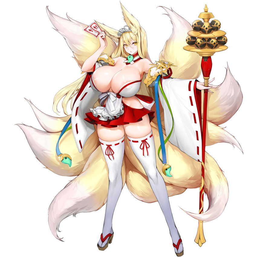 1girl areola_slip areolae blonde_hair breasts feet fox_girl fox_tail full_body geta hair_between_eyes hakama heavenly_hirume highres huge_breasts japanese_clothes kitsune kyuubi last_origin legs looking_at_viewer magatama maid_headdress miko multiple_tails official_art ofuda snowball22 solo staff tabi tachi-e tail thighhighs transparent_background white_legwear yellow_eyes