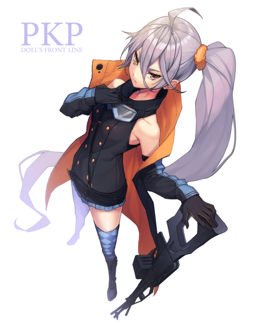 1girl absurdres ahoge bangs bare_shoulders black_gloves blue_legwear boots clip_studio_paint_(medium) from_above ginopi girls_frontline gloves goggles goggles_around_neck gun hair_between_eyes hair_ornament hair_scrunchie highres jacket long_hair machine_gun off_shoulder pkp_(girls_frontline) pkp_pecheneg scrunchie side_ponytail silver_hair skirt solo thighhighs very_long_hair weapon white_background yellow_eyes