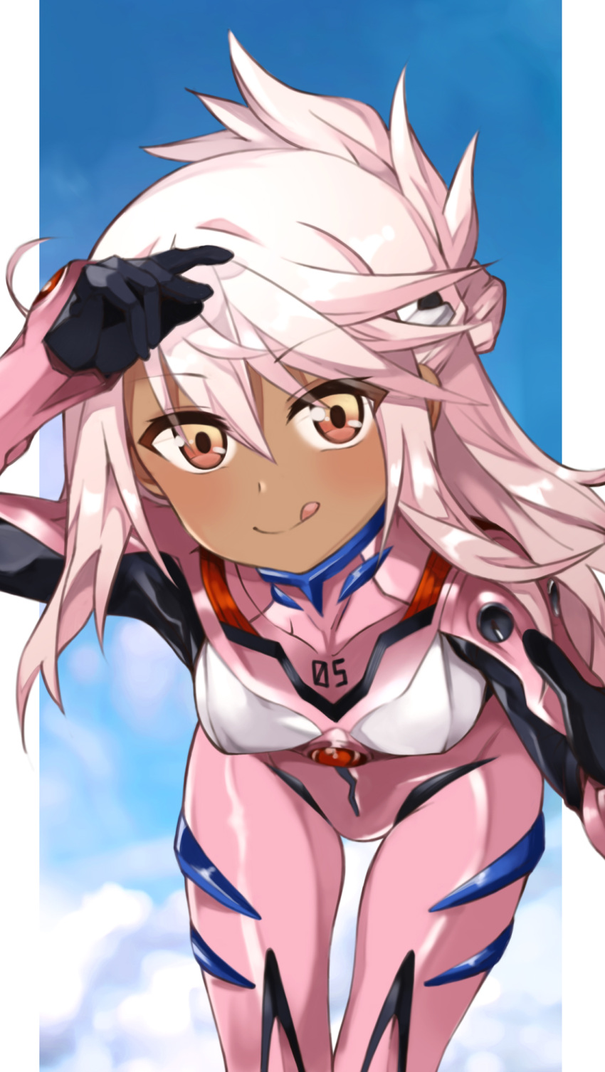 1girl bangs blue_sky blush bodysuit breasts chloe_von_einzbern cosplay dark_skin dark_skinned_female fate/kaleid_liner_prisma_illya fate_(series) half_updo highres leaning_forward licking_lips long_hair looking_at_viewer makinami_mari_illustrious makinami_mari_illustrious_(cosplay) mochi_(k620803n) neon_genesis_evangelion orange_eyes pink_bodysuit pink_hair plugsuit rebuild_of_evangelion sky small_breasts smile thighs tongue tongue_out