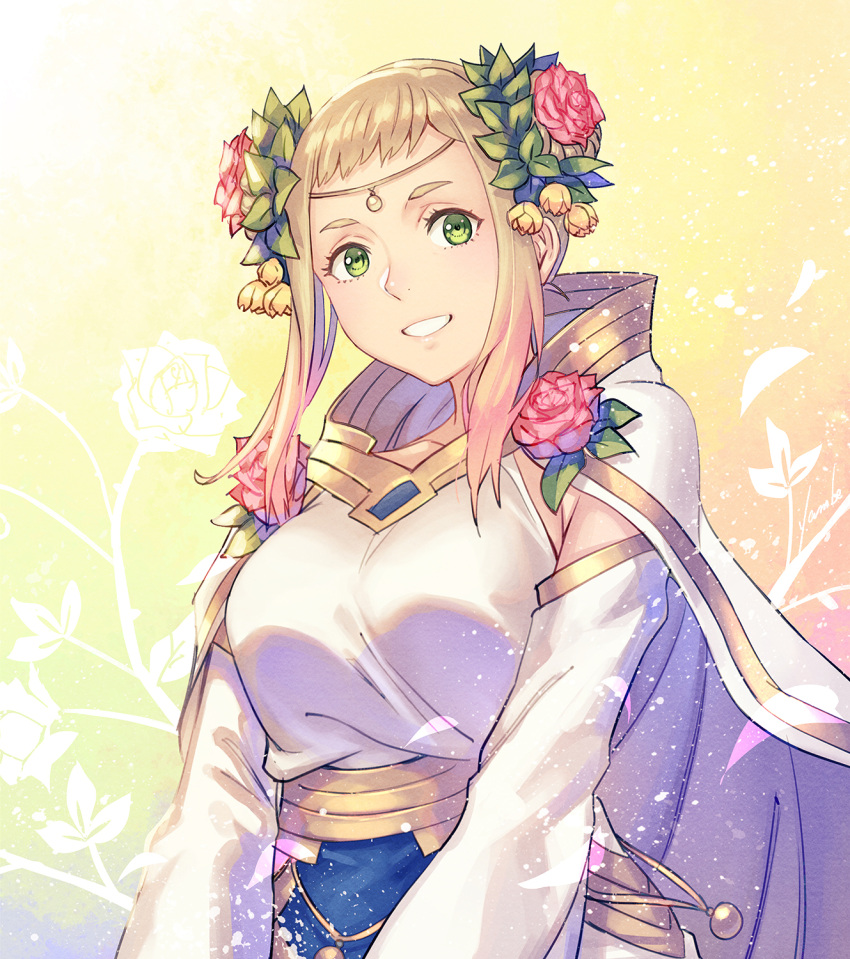 1girl alternate_costume anbe_yoshirou bangs blonde_hair breasts cape collarbone commentary double_bun dress fire_emblem fire_emblem_heroes floral_background flower gold_trim gradient_hair green_eyes hair_bun hair_flower hair_ornament henriette_(fire_emblem) highres jewelry leaf_hair_ornament lips looking_at_viewer medium_breasts multicolored_hair official_alternate_costume parted_lips pink_hair red_flower red_rose robe rose short_hair sidelocks signature smile solo teeth white_cape white_dress white_robe wide_sleeves yellow_flower