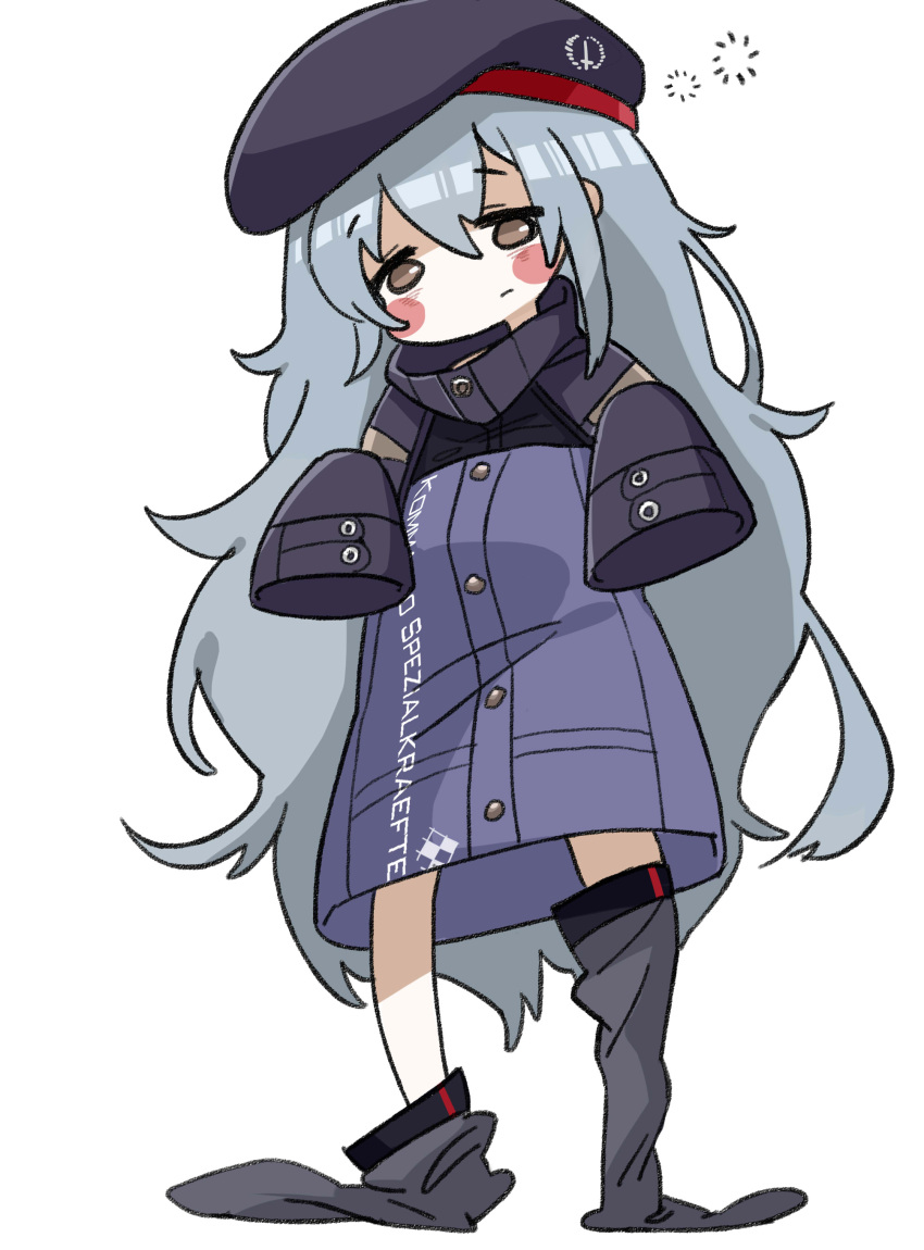 1girl absurdres bags_under_eyes bangs beret blush_stickers brown_eyes ck_(26982497) cosplay eyebrows_visible_through_hair g11_(girls_frontline) girls_frontline grey_hair hair_between_eyes hat highres hk416_(girls_frontline) hk416_(girls_frontline)_(cosplay) jacket long_hair long_sleeves loose_thighhigh messy_hair oversized_clothes sleeves_past_wrists solo thighhighs very_long_hair white_background