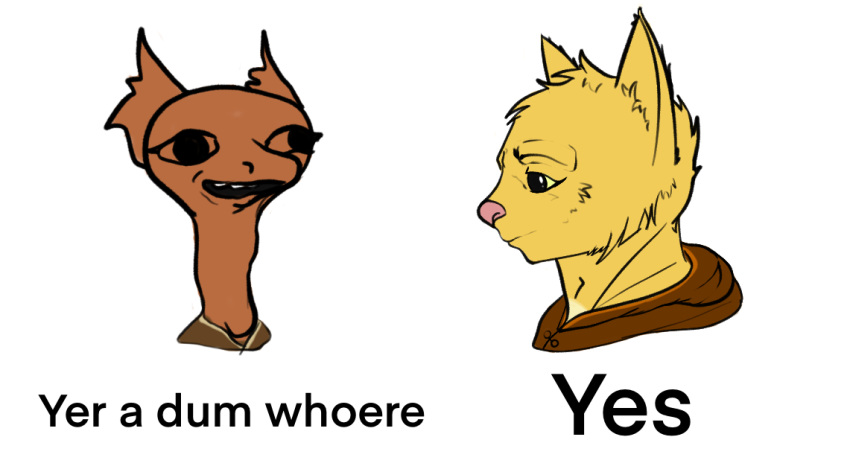 anthro argonian bethesda_softworks brown_body chad clothed clothing duo female fernplant fur humor katia_managan lol_comments meme oblivion prequel quill-weave scalie simple_background the_elder_scrolls video_games webcomic yellow_body yellow_fur