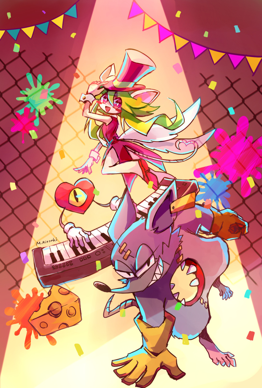 anthro blonde_hair blush blush_stickers cheese clothing confetti dairy_products female food gloves hair handwear hat headgear headwear heart_(mad_rat_dead) hi_res hole_(anatomy) keyboard_instrument mad_rat_(character) mad_rat_dead male mammal murid murine musical_instrument rat rat_god_(mad_rat_dead) rodent s_mino930 stitch_(sewing) top_hat