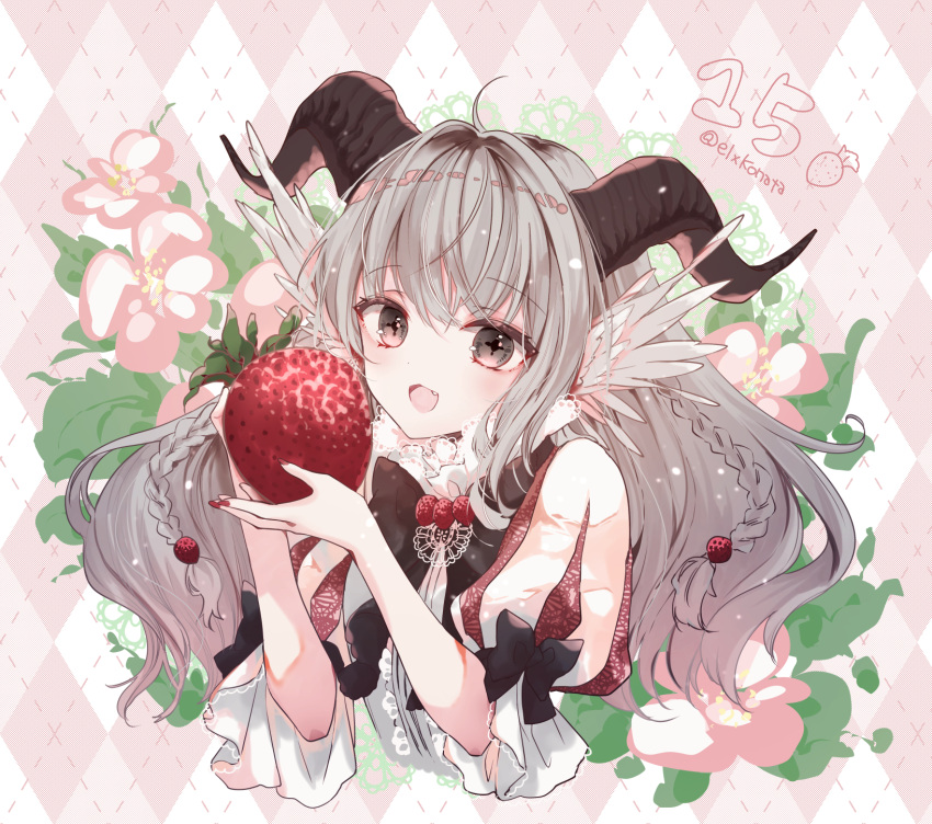 black_ribbon braid brown_eyes brown_horns fang food food_themed_hair_ornament fruit grey_hair hair_ornament highres holding holding_food holding_fruit horns konataeru lace long_hair open_mouth original oversized_food puffy_sleeves red_nails ribbon smile strawberry strawberry_hair_ornament