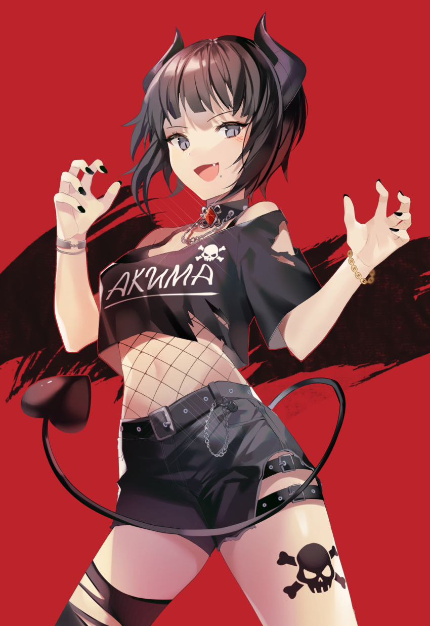 1girl :d bangs bare_shoulders belt black_belt black_horns black_nails black_skirt breasts chain claw_pose commentary demon_girl demon_horns demon_tail fang highres horns looking_at_viewer medium_breasts mole mole_under_mouth open_mouth original purple_eyes red_background revision short_hair short_sleeves simple_background skirt skull_and_crossbones skull_tattoo smile solo tail torn_clothes torn_legwear yuhi_(hssh_6)