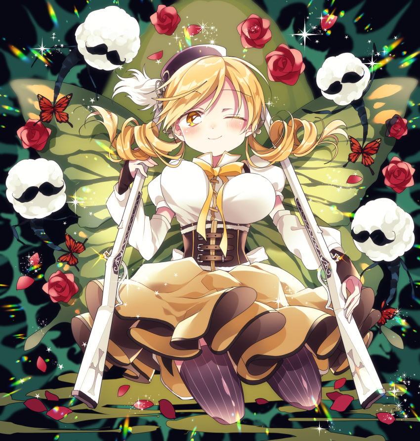 1girl ;) anthony_(madoka_magica) arms_at_sides ayumaru_(art_of_life) beret black_gloves black_headwear blonde_hair bouncing_breasts breasts butterfly_wings closed_mouth colored_eyelashes corset detached_sleeves dot_nose drill_hair eyebrows_visible_through_hair feathers floating_hair flower full_body glint gloves grey_legwear gun hair_ornament hairpin hand_up hat high_collar highres holding holding_gun holding_weapon impossible_clothes jitome kneeling large_breasts light_blush light_particles looking_at_viewer magical_musket mahou_shoujo_madoka_magica neck_ribbon one_eye_closed petals puffy_short_sleeves puffy_sleeves red_flower red_rose ribbon rifle rose rose_petals shiny shiny_hair short_sleeves skirt smile solo sparkle star_(symbol) striped striped_legwear thighhighs tomoe_mami twin_drills vertical-striped_legwear vertical_stripes weapon wings yellow_eyes yellow_ribbon yellow_skirt zettai_ryouiki
