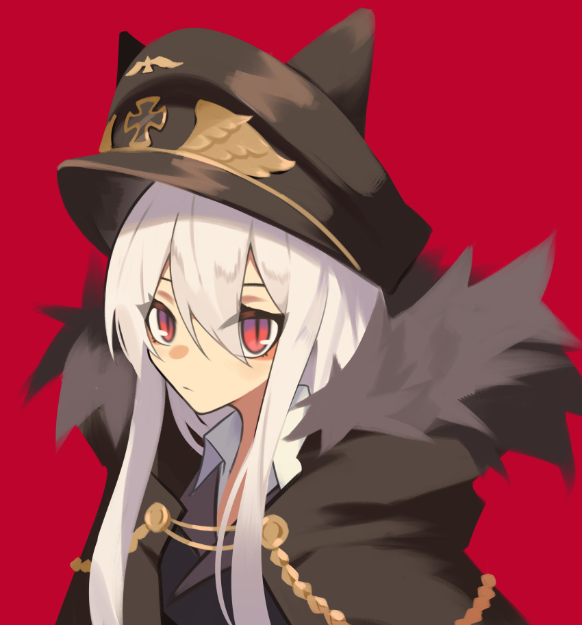 1girl absurdres animal_ears bangs black_headwear black_jacket collared_shirt ghost_(tama) girls_frontline hair_between_eyes hat highres iron_cross jacket kar98k_(girls_frontline) long_hair looking_at_viewer red_background shirt sidelocks solo upper_body white_hair white_shirt